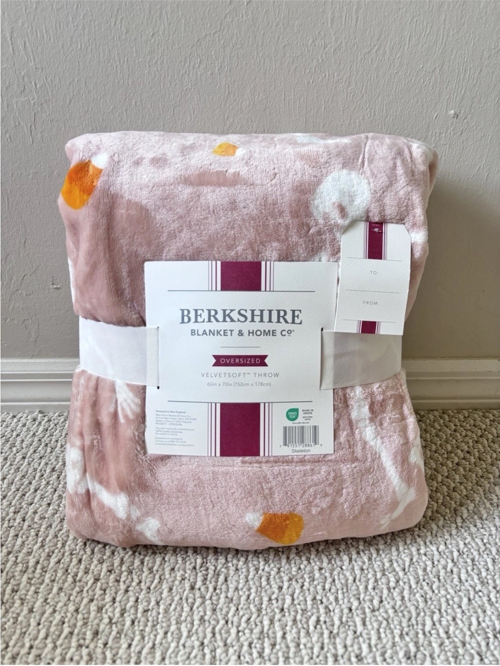 Berkshire Blanket Oversized Velvet Soft Throw Candy Corn Skeleton Halloween Pink